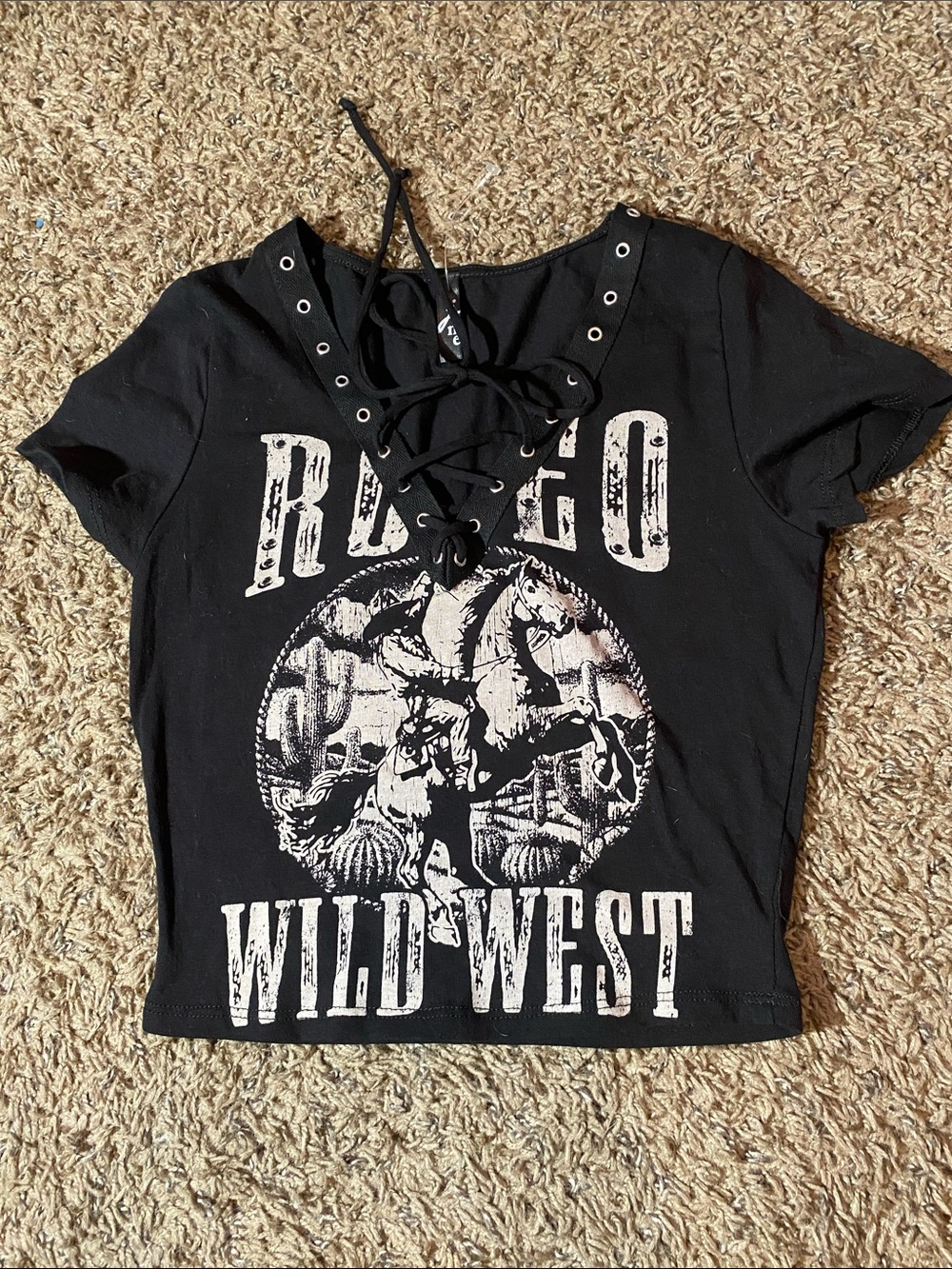 Black 'Rodeo Wild West' Lace-Up Graphic Crop Top